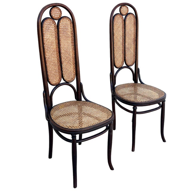Victorian high back Thonet number 16 side chair pair features an elegant, sculptural frame crafted from warm-toned...