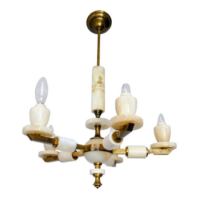Vintage 1980s Italian Onyx Brass Marble Chandelier Lighting Ceiling Fixture Light For Sale