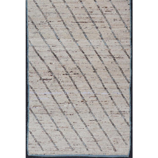 Abstract Modern Hand-Knotted Runner in Wool With Linear Design in Blue & Neutral Tones For Sale - Image 3 of 12