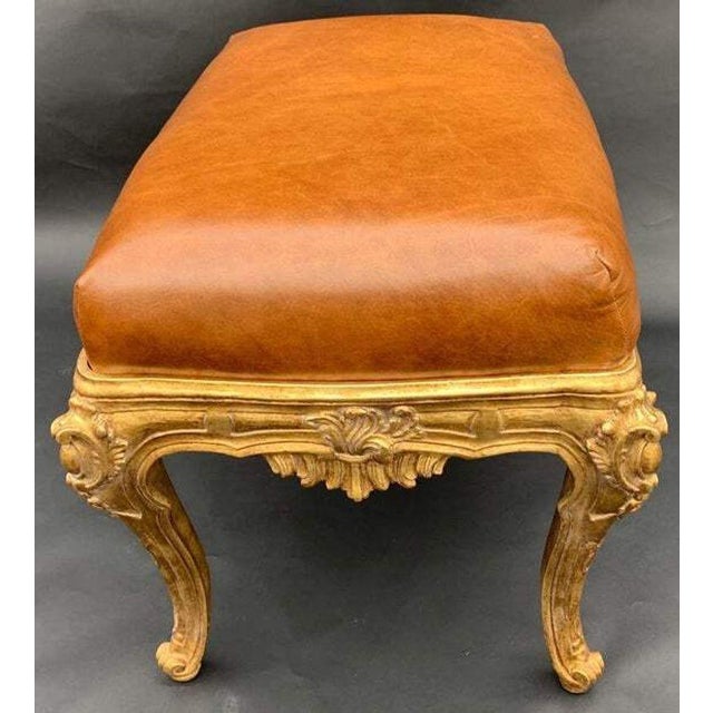 Wood Pair of Italian Gilt-Wood Benches With Brown Leather Upholstery, 20th Century. For Sale - Image 7 of 9