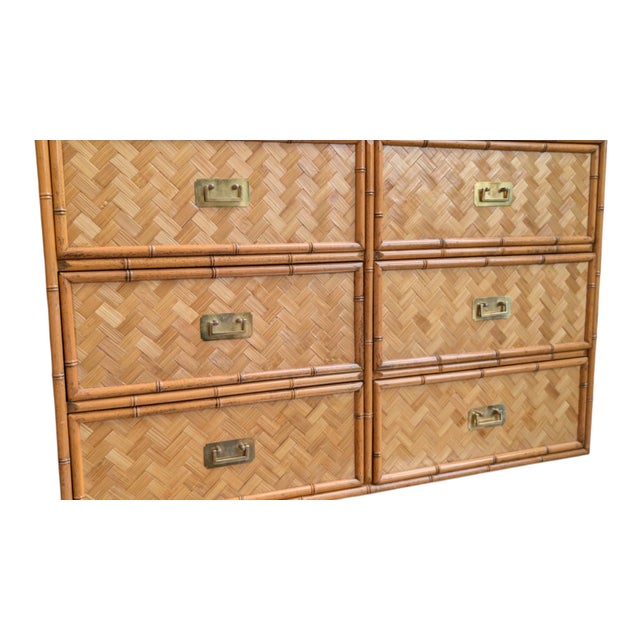 Campaign Vintage Faux Bamboo 6-Drawer Dresser With Herringbone Parquet Rattan Fronts, in the Style of Dixie For Sale - Image 3 of 12