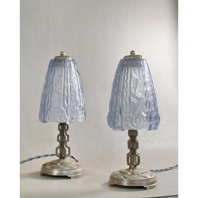 1930s Donna Paris Pair of French Art Deco Blue Glass Table Lamps - 1930s For Sale - Image 5 of 10