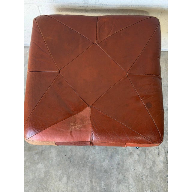 Square Brown Leather Ottoman With Chrome Base Vintage Mid-Century Modern 1970s For Sale - Image 9 of 10