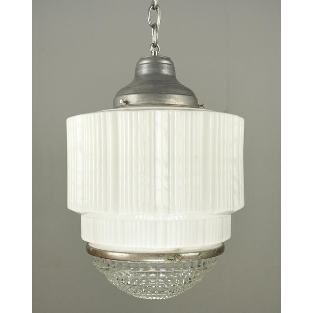 Art Deco 1930s Skyscraper Art Deco Milk Glass Pendant Light For Sale - Image 3 of 10