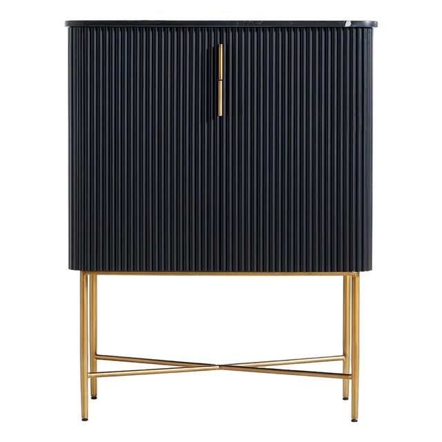 Crate & Barrel Fayette Blacck Nero Marquina Fluted Bar Cabinet For Sale