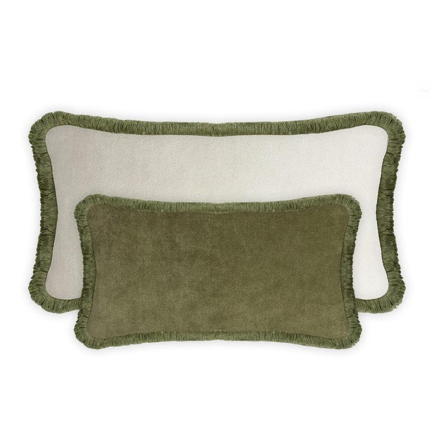 Forest Green Couple Happy Pillow in Green and White Velvet with Fringes from Lo Decor, Set of 2 For Sale - Image 8 of 8