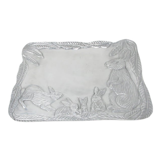 Vintage Holland Boone Scottsdale Polished Pewter Tray Featuring Rabbits For Sale