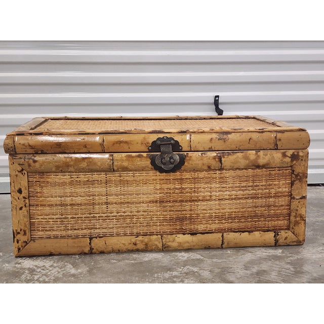 Boho Chic Mid Century Asian Bamboo & Rattan Trunk For Sale - Image 3 of 16