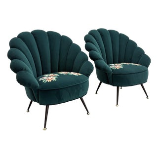 Contemporary Gucci Velvet Shell Armchairs With Embroidered Floral Seats - Pair For Sale
