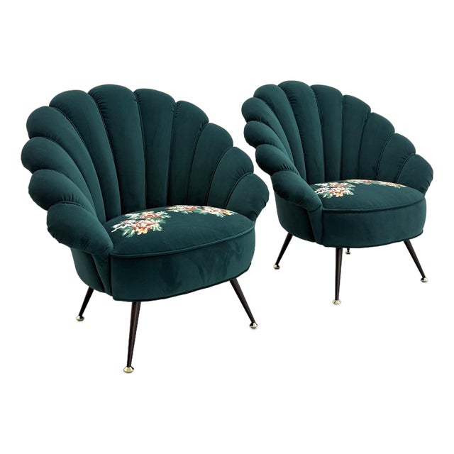 Contemporary Gucci Velvet Shell Armchairs With Embroidered Floral Seats - Pair For Sale