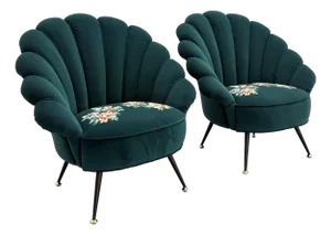 Contemporary Gucci Velvet Shell Armchairs With Embroidered Floral Seats - Pair