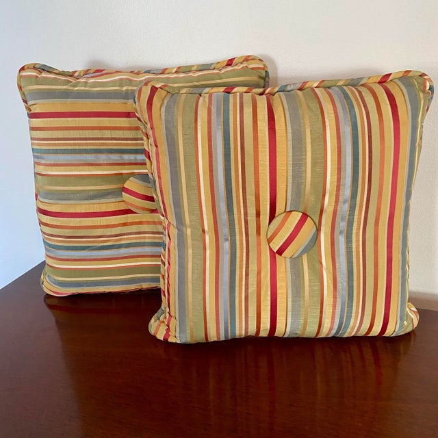 Late 20th Century Vintage Colorful Striped Taffeta Square Throw Pillows, a Set of 2 For Sale - Image 5 of 5