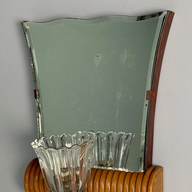 1940s Italian Mid-Century Modern, Mirrored Wall Sconces, Brass, Wood, Italy, 1940s For Sale - Image 5 of 9