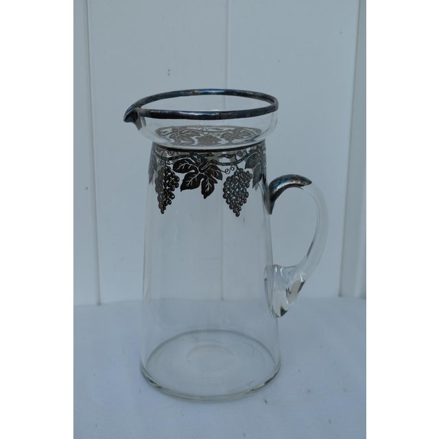 Art Nouveau Vintage Glass Grape Vines Sterling Silver Overlay Tall Pitcher W/Handle For Sale - Image 3 of 13