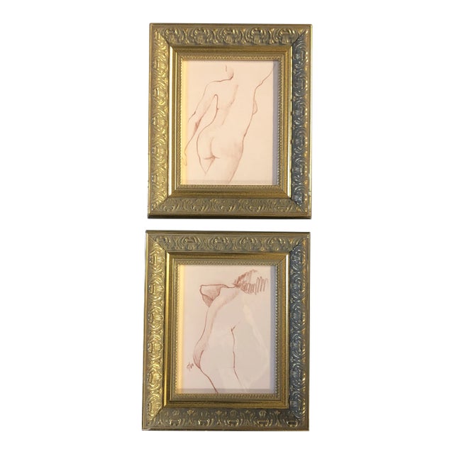 Gallery Wall Collection-2 Vintage Female Nude Sepia Study Drawings Vintage Frames- a Pair For Sale