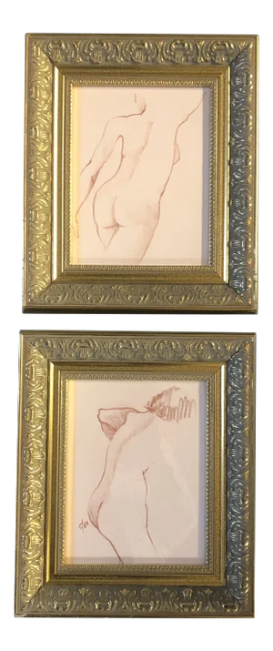 Gallery Wall Collection-2 Vintage Female Nude Sepia Study Drawings Vintage Frames- a Pair