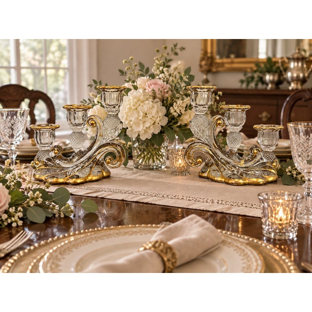 1930s Cambridge Glass Valencia Etched & Gilt 3-Light Candelabra – Pair For Sale - Image 13 of 17