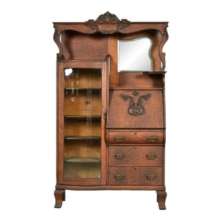 Early Baker Furniture Antique Victorian Carved Tiger Oak Side-by-Side Bookcase With Drop Front Secretary Desk, Circa 1900 For Sale