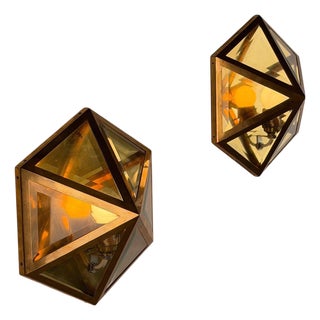 Hexagonal Brass and Beveled Glass Wall Sconces by Josef Hoffmann, 1970s, Set of 2 For Sale