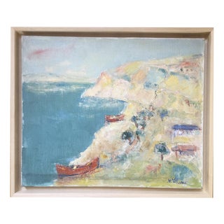 Matilda Ulmu, Cliffs with red boats, 1980, Oil on Canvas For Sale
