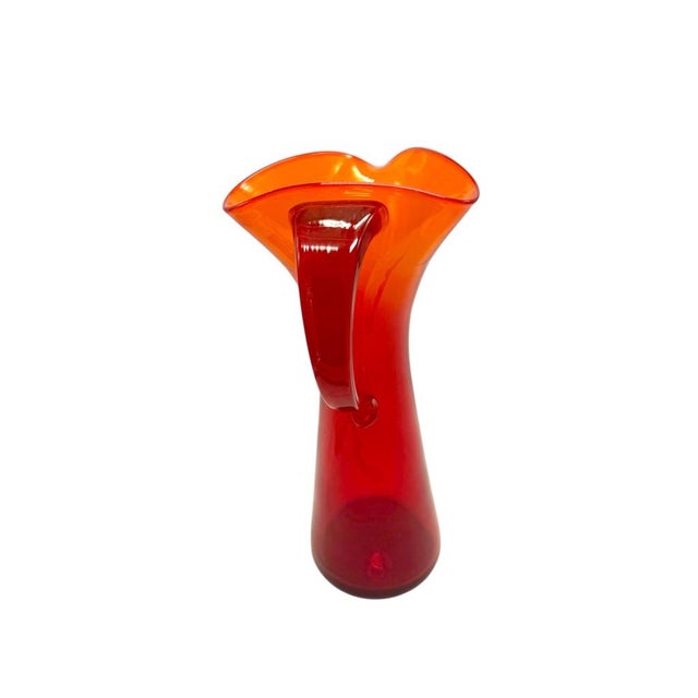 Mid 20th Century Vintage Blenko Orange Red Tall Triangle Top Pitcher Vase Handblown Art Glass For Sale - Image 5 of 10