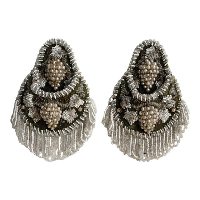 Pair of Antique Victorian Beadwork Wall Pockets, Glass Faux Pearl Beaded Decoration, 19th Century For Sale