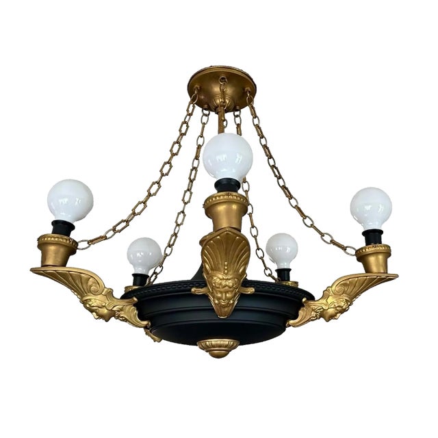 1920s Art Deco Brass Chandelier Black Flat Paint, Roman Woman Motifs, Geometric Chain For Sale