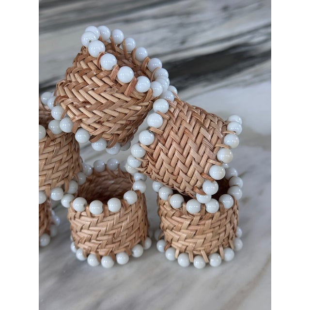 Vintage Pearl Bead Accent Rattan Napkin Rings - Set of 6 For Sale In Seattle - Image 6 of 13