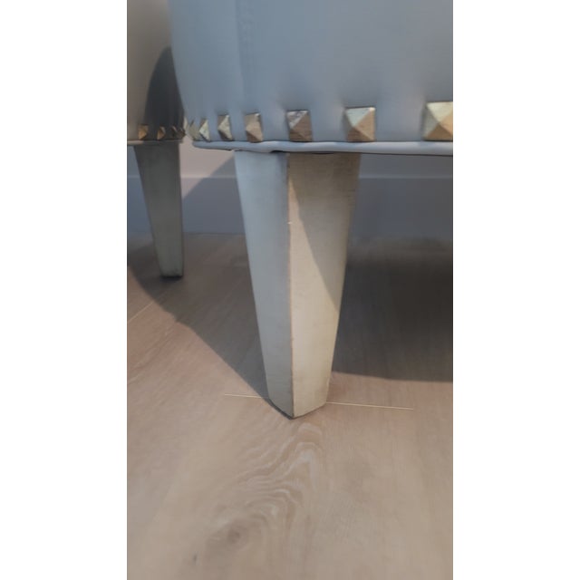 Pair of Custom Round Dove Grey Leather Ottomans For Sale In Greenville, SC - Image 6 of 7