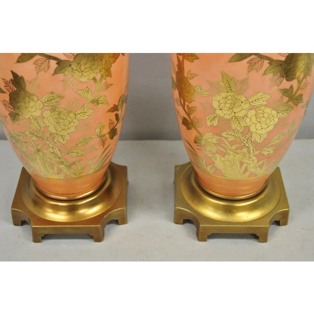 Vintage Marbro Chinoiserie Salmon Coral Pink Porcelain Table Lamps - A Pair For Sale - Image 11 of 12