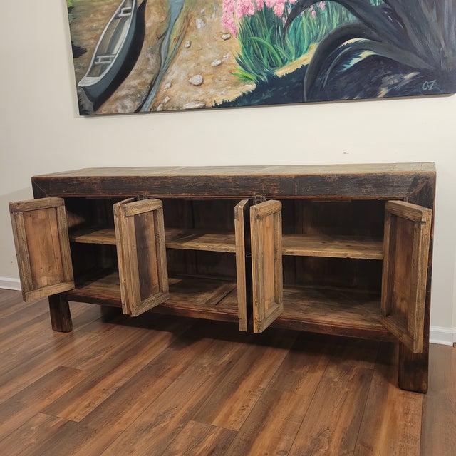 1950s Antique Chinese 4 Door Sideboard Blackened Elm Credenza For Sale - Image 5 of 8
