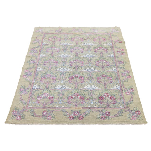 Modern Art Nouveau Inspired Floral Wool Area Rug in Pastel Sage and Rose Pink For Sale - Image 9 of 11