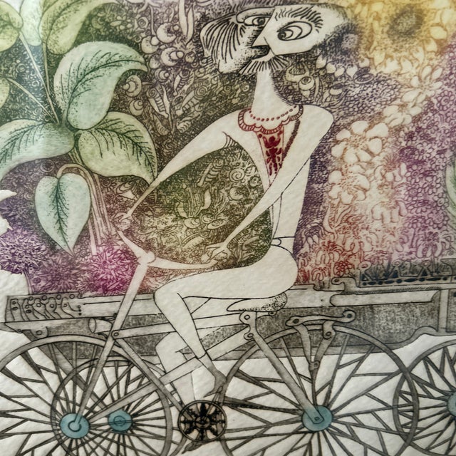 Stylized signed print of a man riding a bicycle pulling a cart full of flowers.Beautiful color and image of flowers....