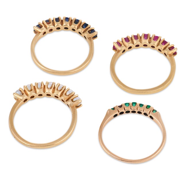 Vintage Sapphire Ruby Emerald Pearl 14k Yellow Gold Multi-Band Ring, Size 6 For Sale In Los Angeles - Image 6 of 6