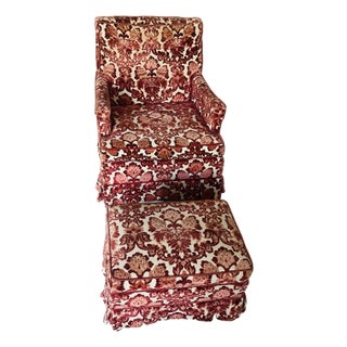 1950s Vintage Cut Velvet Burned Red Club Chair With Ottoman For Sale