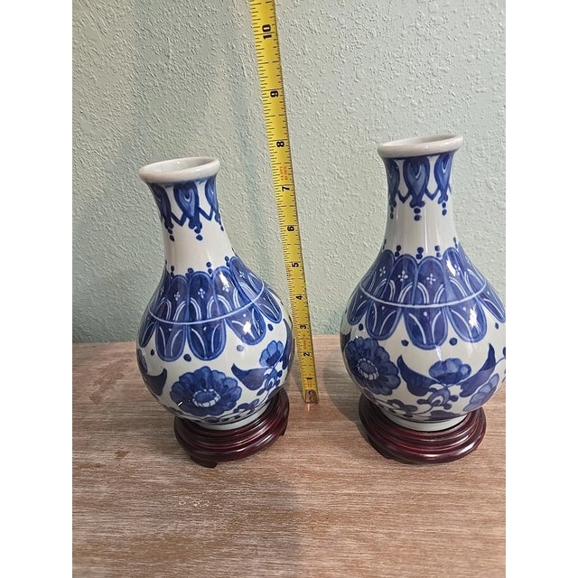 Mid-Century Modern Vintage Chinese Blue & White Porcelain Vases-Set of 2 For Sale - Image 3 of 6