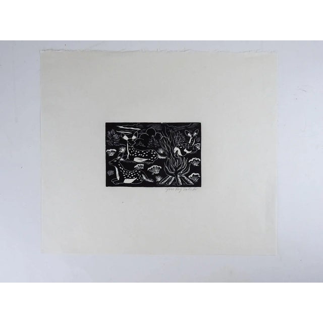 Contemporary Vintage Mid 20th Century Jose Rey Toledo Three Deer Fawns Woodcut For Sale - Image 3 of 4