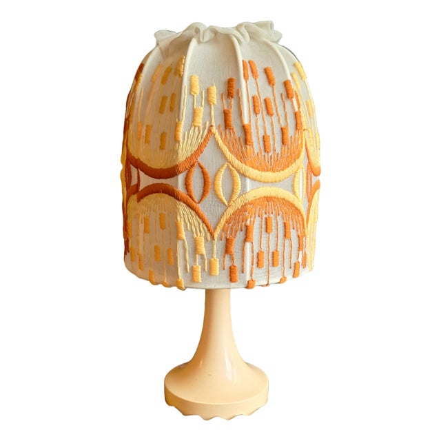 Vintage German Table Lamp with Cream-White Plastic Base and Multi-Colored Fabric Shade from Aro-Leuchten, 1970s For Sale