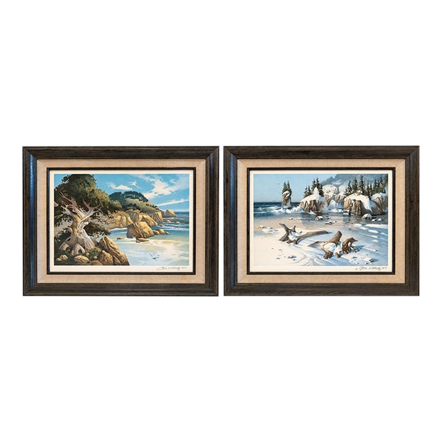 1977 Tom Nicholas Signed Coastal Lithographs, “Monterey Beach” & “Winter Beach” — Set of 2 For Sale