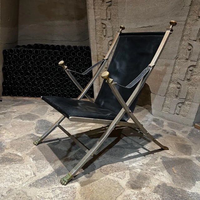 Mid-Century Modern 1970s Maison Jansen Campaign Leather Bronze Lounge Chair France For Sale - Image 3 of 13