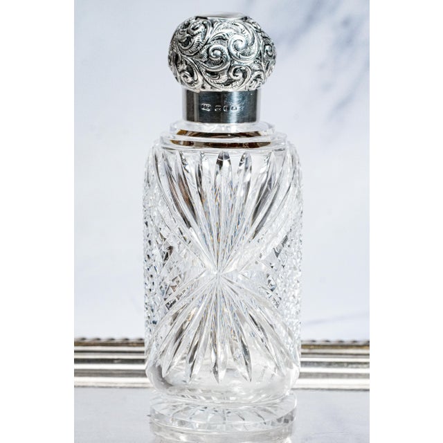 Stunning Edwardian Antique Cut Crystal Perfume Cologne Bottle Sterling Silver Lid Antique Luxury Home Vanity Dressing Table Décor For Sale - Image 11 of 16