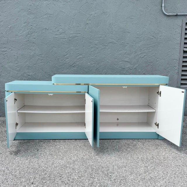 Postmodern Postmodern Sky Blue Matte Laminate Credenza With Gold Accent For Sale - Image 3 of 9