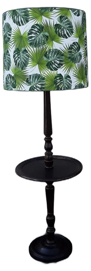 Round Dark Stained Wood Side Table with Rotating Top, Integrated Floor Lamp & Green Patterned Fabric Lampshade, 1950s