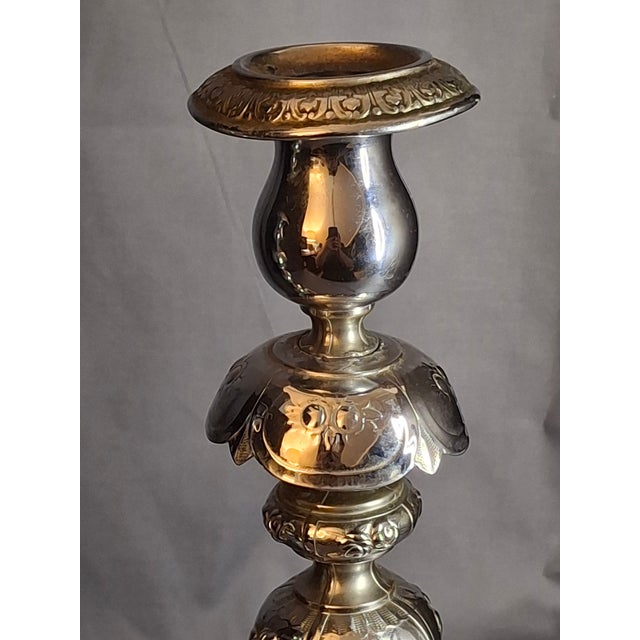 Metal Antique Norblin Warszawa Silverplate Shabbat Candlesticks 12" Rose Judaica Pair 1890 For Sale - Image 7 of 18
