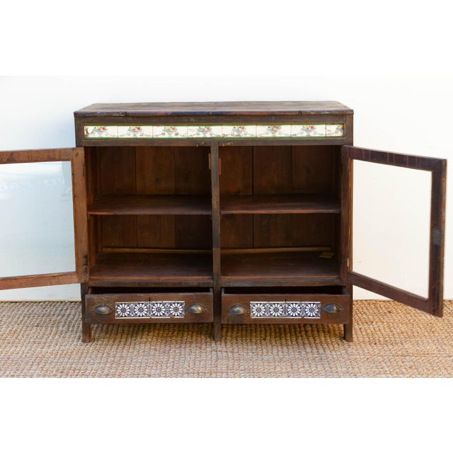 Brown Antique Goa Colonial Tile & Glass Cabinet For Sale - Image 8 of 9
