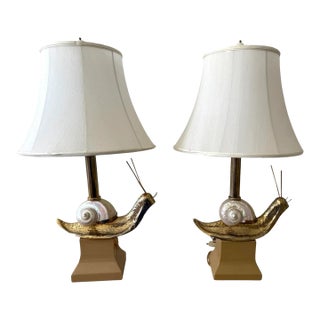 Pair Italian Snail Brass and Shell Table Lamps For Sale
