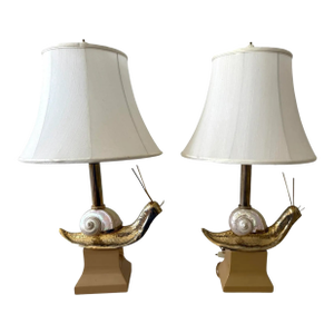 Pair Italian Snail Brass and Shell Table Lamps
