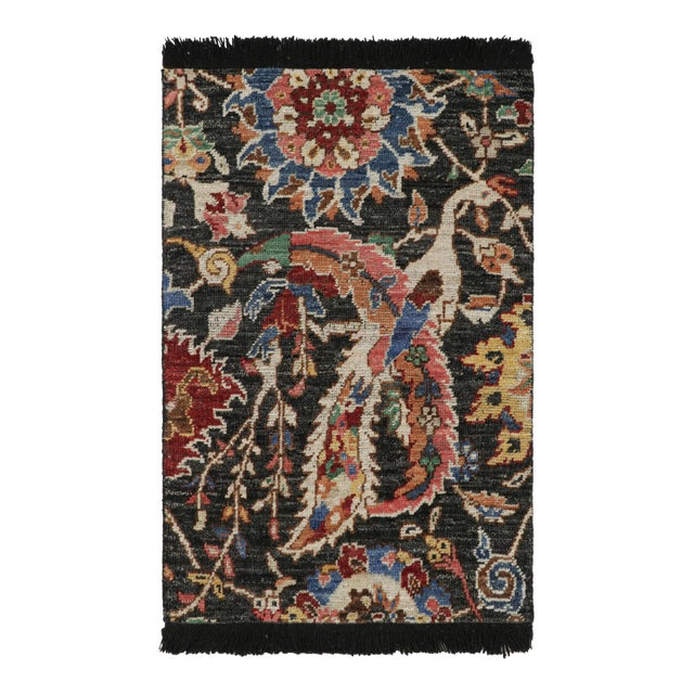 Rug & Kilim’s Persian Kerman Style Rug in Black With Vibrant Floral Patterns For Sale