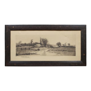 Antique John Hill Millspaugh Farm Farmhouse Panoramic Landscape Etching 21" For Sale