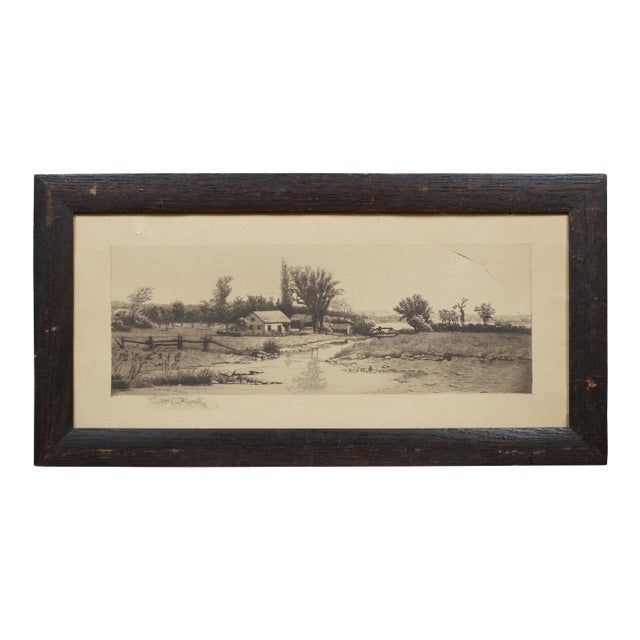 Antique John Hill Millspaugh Farm Farmhouse Panoramic Landscape Etching 21" For Sale